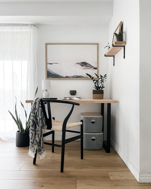 Oak desk with black steel legs and shelf combo