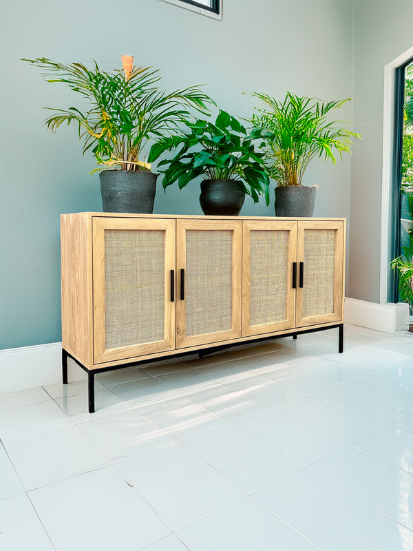 Oak Rattan Sideboard with Metal Legs 4 door