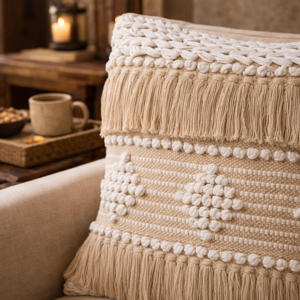 Detailed view of a beige textured boho cushion with woven knots and fringe in a warm lodge-style living room