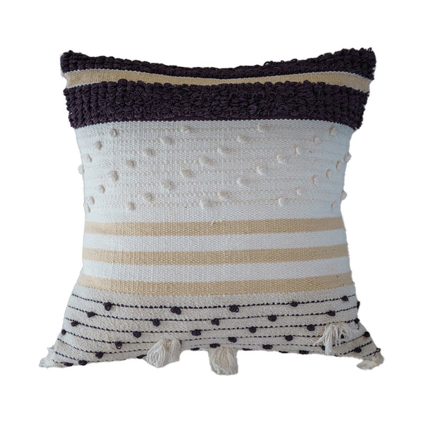 black and white boho cushion cover with pom pom