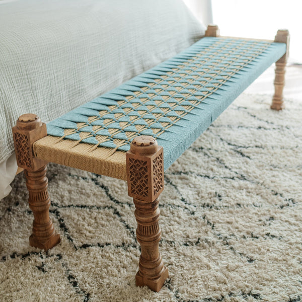 Coastal Charm Blue Jute Bench King