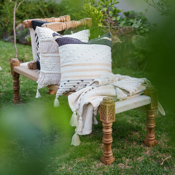 black and white boho cushion cover with pom pom