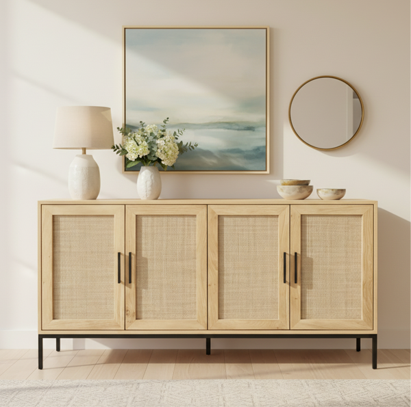 Oak Rattan Sideboard with Metal Legs 4 door