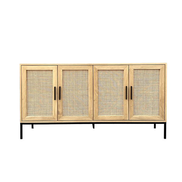 Oak Rattan Sideboard with Metal Legs 4 door