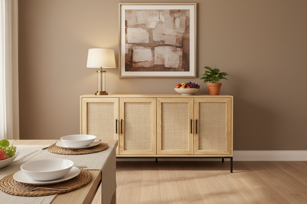 Oak Rattan Sideboard with Metal Legs 4 door