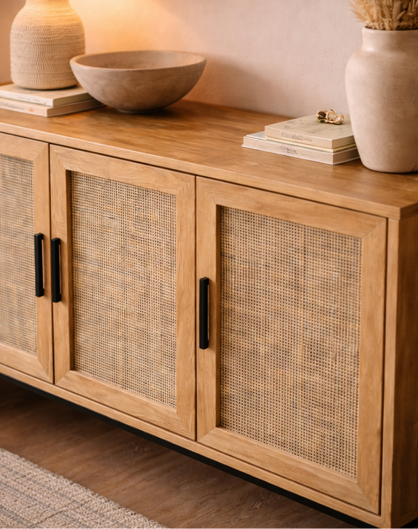 Modern Oak & Cane Sideboard – 4 Door Rattan Cabinet with Black Metal Legs