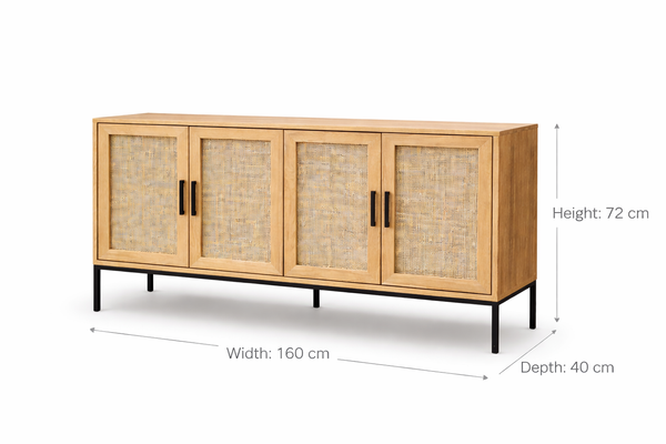 Modern Oak & Cane Sideboard – 4 Door Rattan Cabinet with Black Metal Legs
