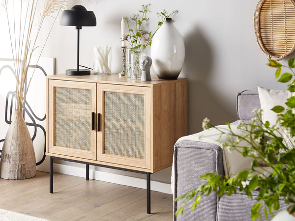 Oak Rattan Sideboard with Metal Legs