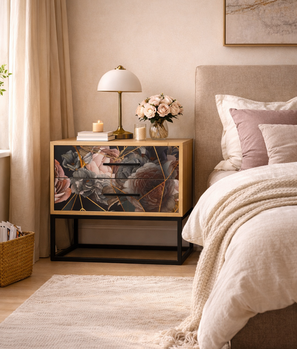 Floral Bedside Table with 2 Drawers – Modern Nightstand with Metal Base