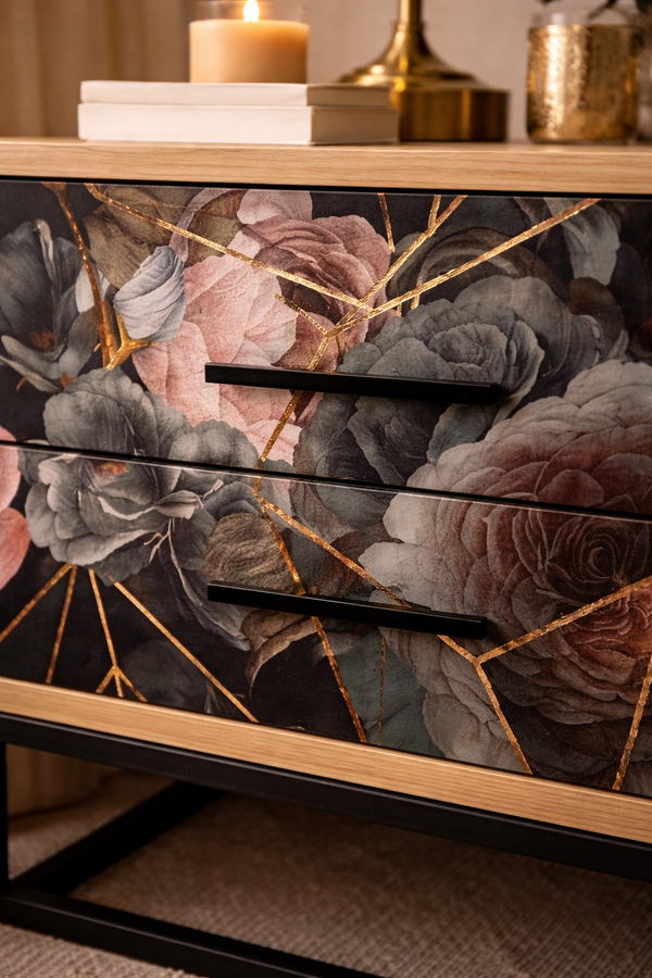 Floral Bedside Table with 2 Drawers – Modern Nightstand with Metal Base