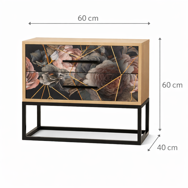 Floral Bedside Table with 2 Drawers – Modern Nightstand with Metal Base