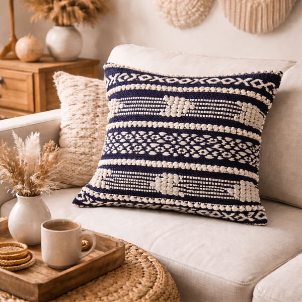 Handwoven Boho Chic Decorative Pillow Cover - Black & White Cotton with Geometric Patterns