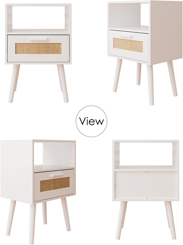 White rattan Cane Bedside Table