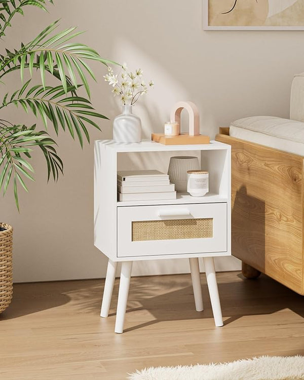 White rattan Cane Bedside Table