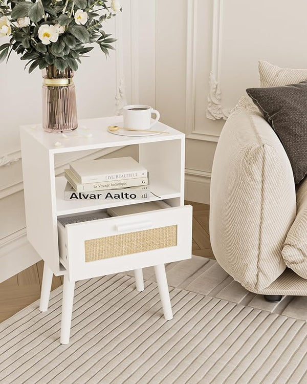 White rattan Cane Bedside Table