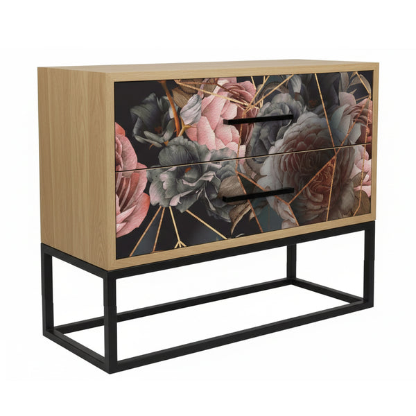 Floral Bedside Table with 2 Drawers – Modern Nightstand with Metal Base