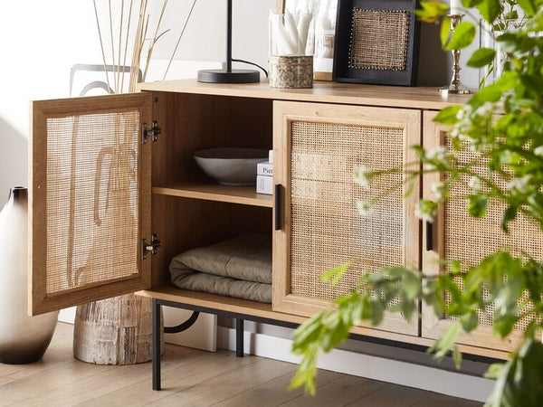 Oak Rattan Sideboard with Metal Legs 3 door