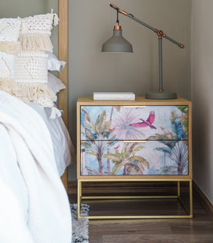 Luxury Tropical Oak Bedside Cabinet with Gold Frame – Hummingbird Design
