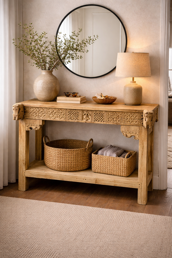 Antique Reclaimed Wood Indian Carved Entryway Console Table with Elephant Detail