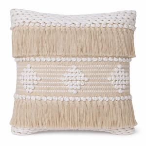 Beige boho scatter cushion with woven texture and fringe detailing on white background