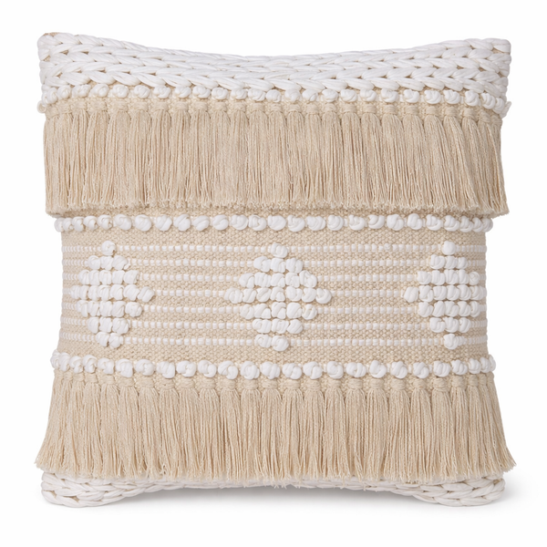 Beige boho scatter cushion with woven texture and fringe detailing on white background