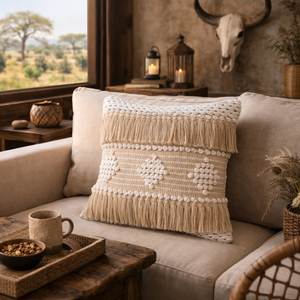 beige textured boho cushion with woven knots and fringe in a warm lodge-style living room