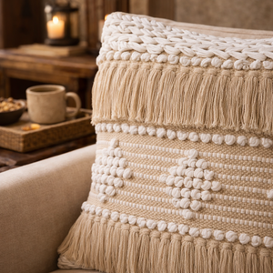 Detailed view of a beige textured boho cushion with woven knots and fringe in a warm lodge-style living room