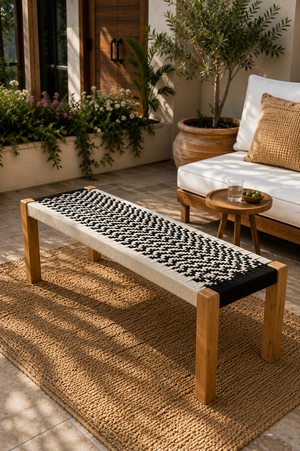 Handwoven Wooden Bench – Black & Natural Woven Seat