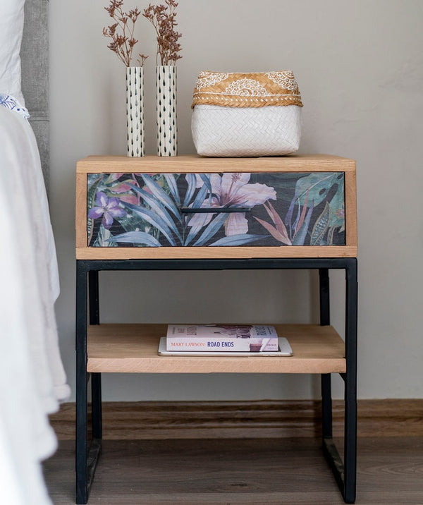 Botanical bedside pedestal with single shelf