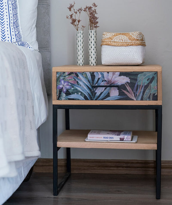 Botanical bedside pedestal with single shelf