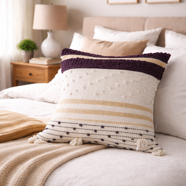 Decorative pillow with striped pattern on a bed in a bedroom setting