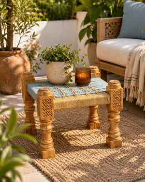 Afro-Chic Solid Handwoven Stool – Artisan Rope Seat Side Table | Entryway, Patio & Bed-End Bench (Copy)