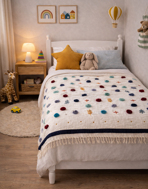 Cream Pom Pom Cotton Kids Bed Throw Blanket.