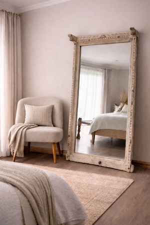 The Heritage Carved Wood Floor Mirror distressed finish