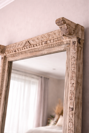 The Heritage Carved Wood Floor Mirror distressed finish