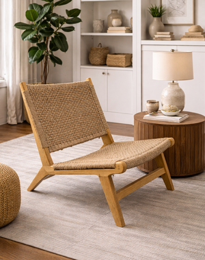 Scandinavian Oak & Woven Cord Lounge Chair – Modern Low Accent Chair for Living Room & Patio