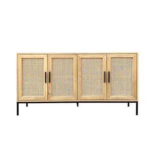 Modern Oak & Cane Sideboard – 4 Door Rattan Cabinet with Black Metal Legs