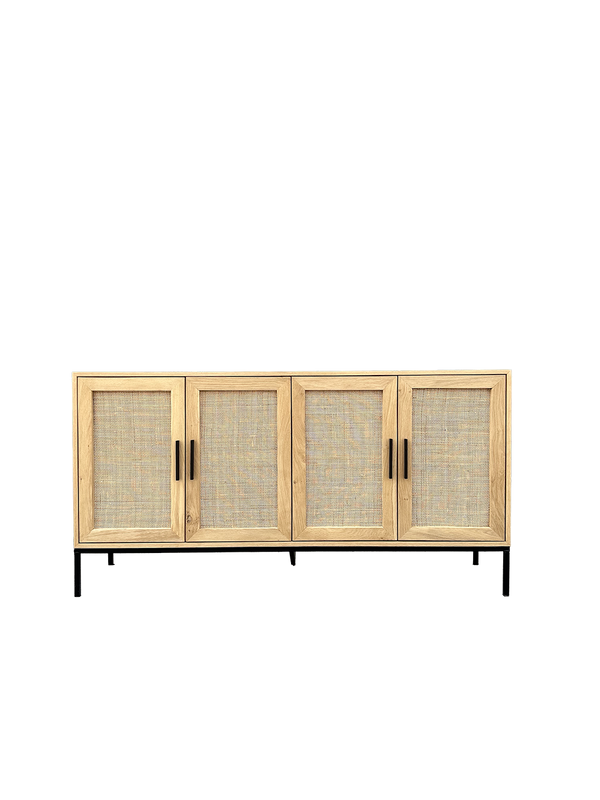 Oak Rattan Sideboard with Metal Legs 4 door