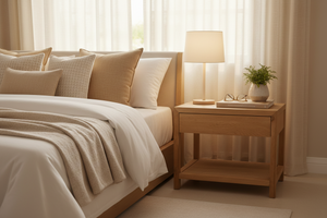 Modern Oak Bedside Table with Drawer & Rattan Shelf