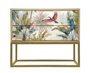Luxury Tropical Oak Bedside Cabinet with Gold Frame – Hummingbird Design