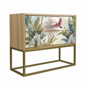 Luxury Tropical Oak Bedside Cabinet with Gold Frame – Hummingbird Design