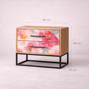 Luxury Floral Oak Bedside Table with Metal Frame – 2 Drawer Modern Nightstand