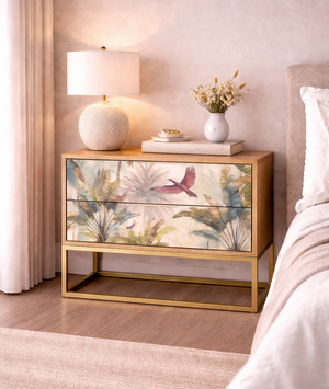 Luxury Tropical Oak Bedside Cabinet with Gold Frame – Hummingbird Design