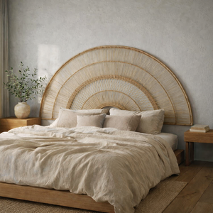 Bed with a wicker headboard in a bedroom setting