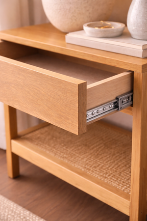 Modern Oak Bedside Table with Drawer & Rattan Shelf