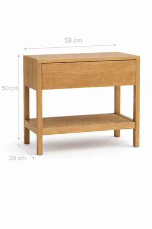 Modern Oak Bedside Table with Drawer & Rattan Shelf
