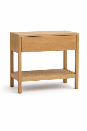 Modern Oak Bedside Table with Drawer & Rattan Shelf
