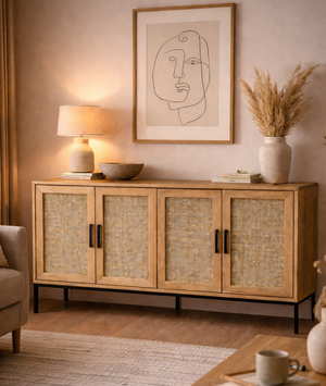 Living room with wooden sideboard, lamp, and wall art
