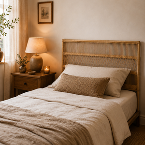 Natural handwoven rattan single bed headboard featuring cane weave detail, 110cm wide x 140cm high, suitable for boho, coastal and modern bedrooms.