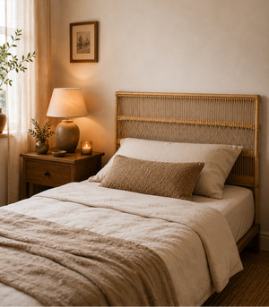 Natural handwoven rattan single bed headboard featuring cane weave detail, 110cm wide x 140cm high, suitable for boho, coastal and modern bedrooms.